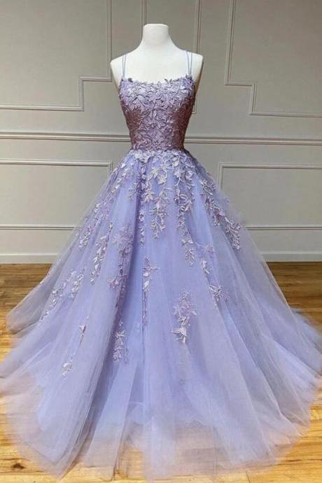 Charming Purple Tulle Lace Long Prom Dresses