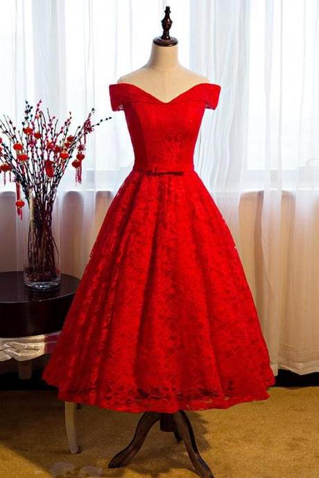 Off The Shoulder Tea Length Lace Red A Line Formal Dresses