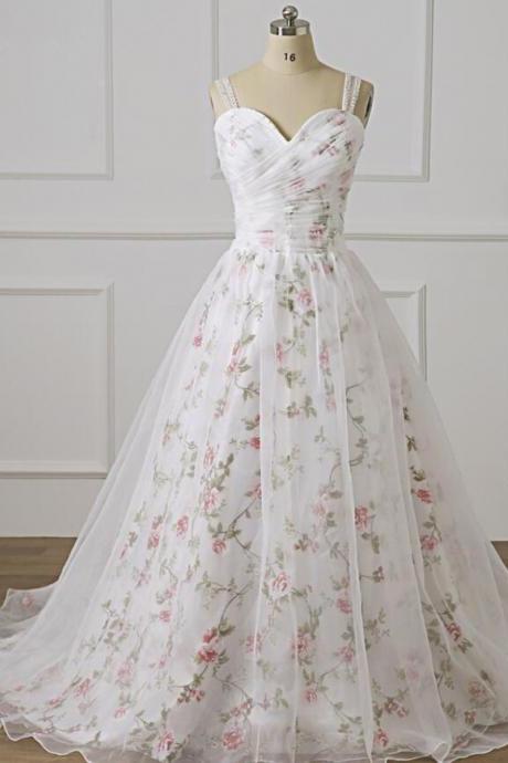 Floral Tulle Sweetheart Neck Long Prom Dresses