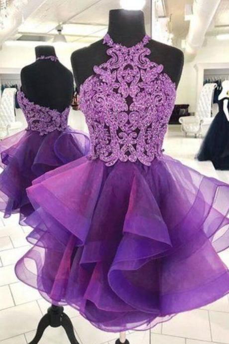 Cute Purple Tulle Lace Short Prom Dresses