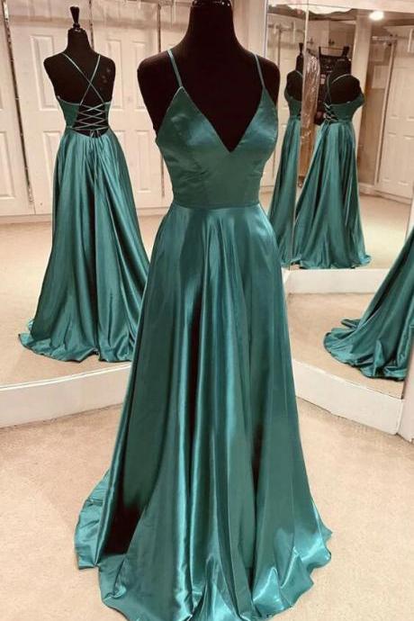 Straps Green Satin Long Backless Prom Dress