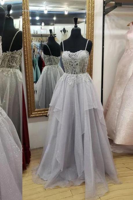 A Line Gray Straps Tulle Prom Dress With Lace