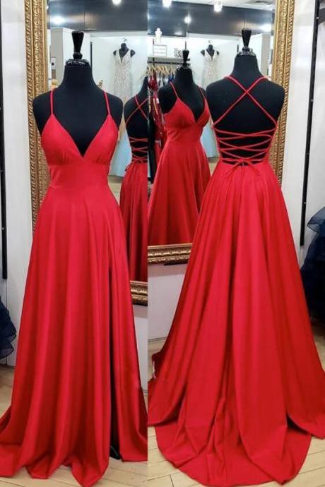 Simple V Neck Long Prom Dress Red Evening Dress