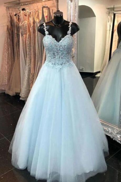 A Line Blue Sweetheart Tulle Lace Long Prom Dresses