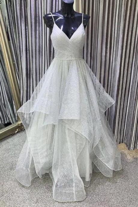 A Line Gray Tulle Long Evening Dress