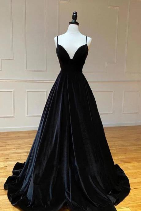 A Line Straps Black Velvet Prom Dress