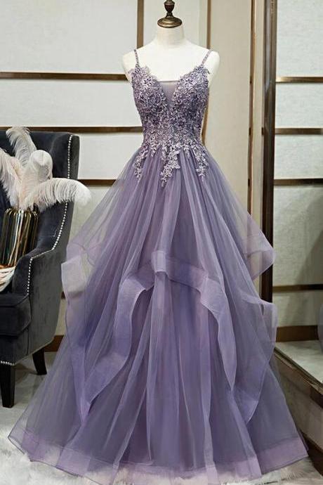 Unique Straps V Neck Tulle Prom Dress With Lace