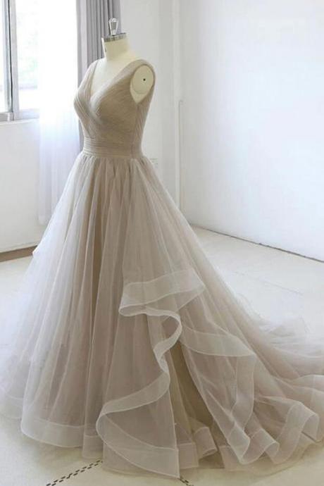 Simple V Neck Tulle Light Gray Long Prom Dresses