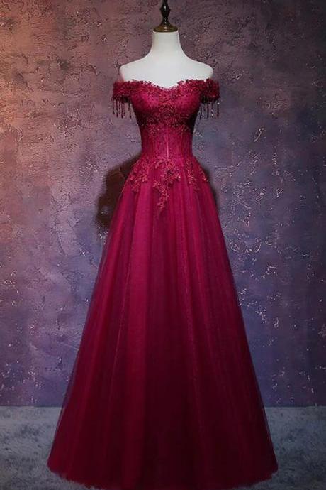 Burgundy Off Shoulder Lace Prom Dresses