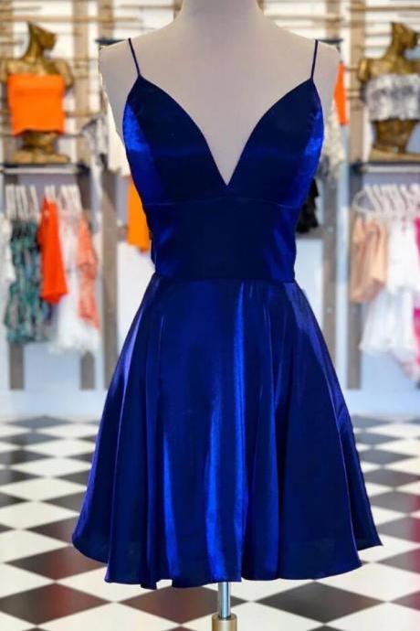 Simple V Neck Blue Short Prom Dress