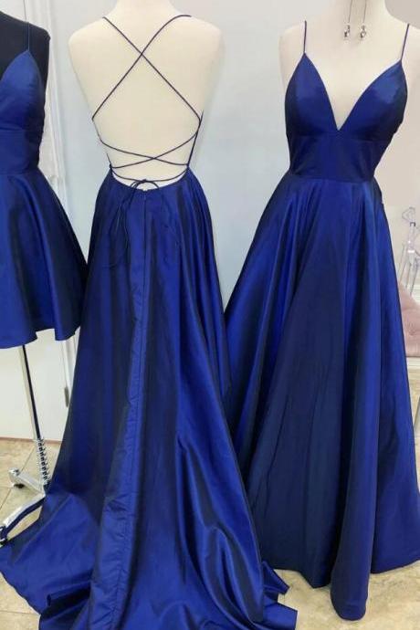 Simple A Line Blue Backless Prom Dress