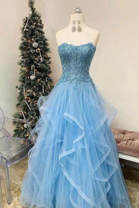 Strapless A Line Tulle Blue Prom Dress With Lace