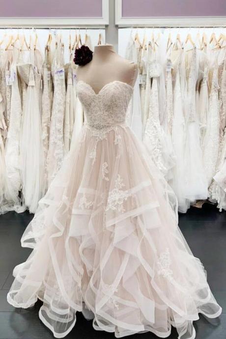 Light Champagne Tulle Lace Long Wedding Dress