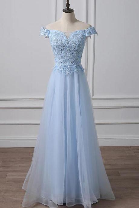 Off Shoulder Light Blue Lace Prom Dress