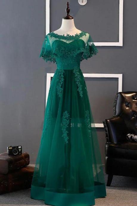 Floor Length Green Tulle Evening Dress With Lace