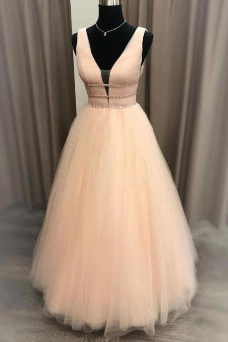 Simple V Neck Tulle Long Prom Dress, Formal Dress
