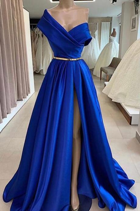 One Shoulder Blue Split Stain Prom Dress