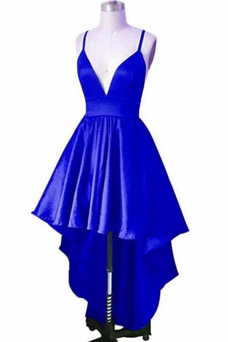 High Low Royal Blue Deep V-neckline Homecoming Dresses