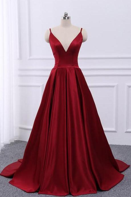 Wine Red Straps Satin Sexy Cross Back Long Prom Dresses