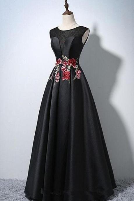 A Line Black Satin Long Formal Prom Dresses