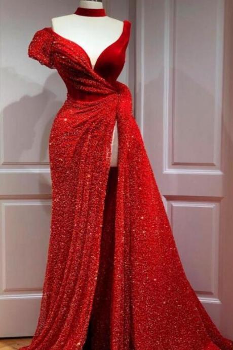 A Line High Split Red Evening Dresses Glitter Beads Prom Gowns