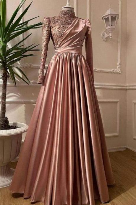 Rose Gold Silver Prom Dress Long Sleeves Dubai Evening Dresses