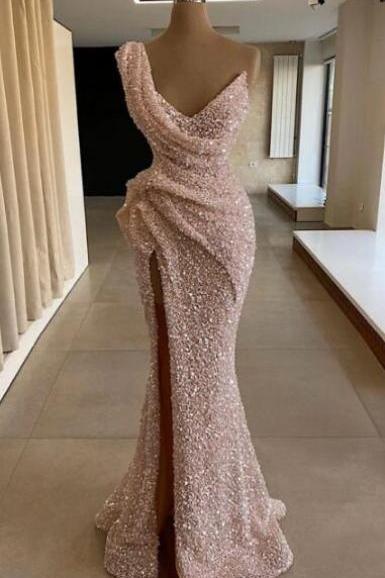 Sparkly One Shoulder Sequin Pink Prom Dresses With Split