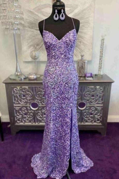 Glitter Lavender Sequins Prom Dresses With Slit