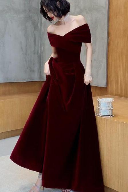 Elegant Burgundy Off Shoulder Velvet Party Dress