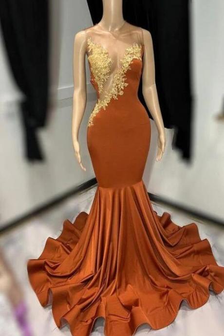 Mermaid Brown Sleeveless Tulle With Appliques Prom Dress