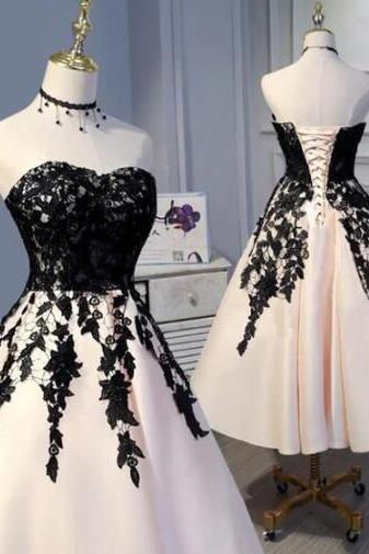 Tea Length Light Pink And Black Lace Prom Dress