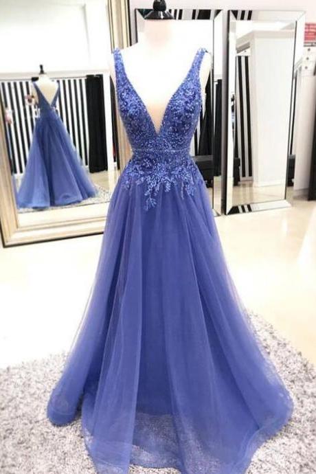 A-line Blue Curved Plunging V-neck Beaded Tulle Long Prom Dress