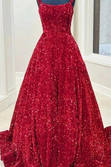 A Line Wine Red Sequin Long Prom Dresses, Formal Evening Dresses