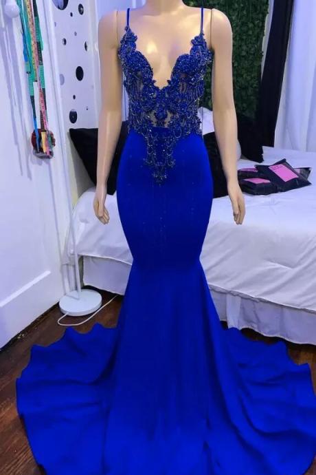 Mermaid Blue Long Prom Dress With Beading