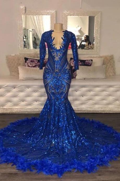 Sexy See Through Long Sleeve Mermaid Royal Blue Sequined Prom Dresses