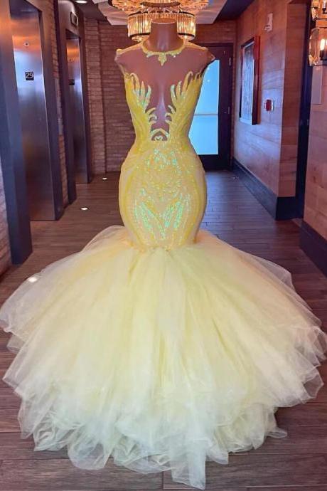 Sparkly Yellow Mermaid Sequined Sleeveless Prom Dresses For Women