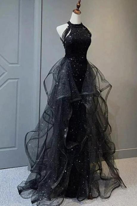High Neckline Black Halter Shiny Tulle And Sequins Evening Dress