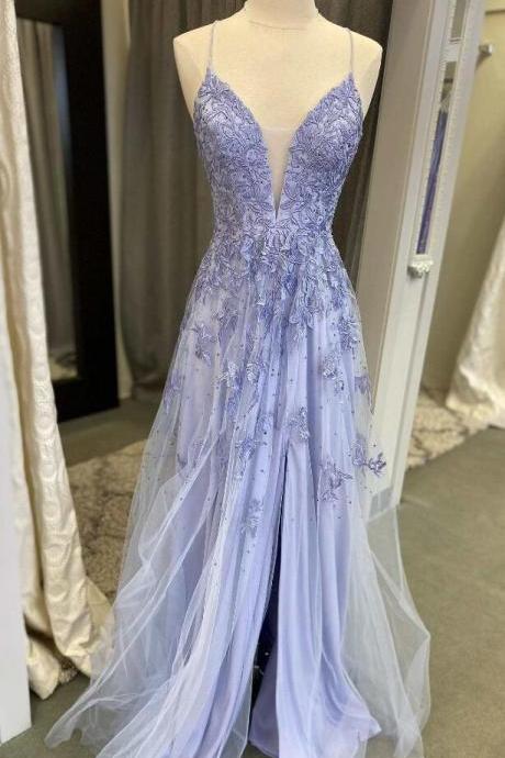 A-line Floral Lace Plunge V Prom Dress With Slit