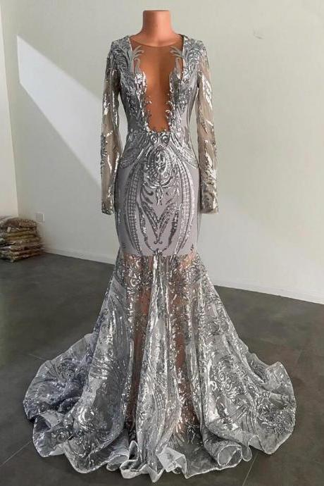 Sparkly Mermaid Silver Sequin Prom Dresses