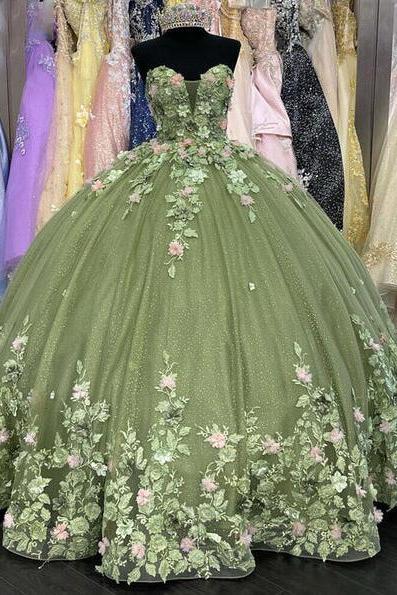 Sweetheart Ball Gown Tulle Long Green Prom Dress With Lace Applique