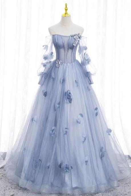 Off The Shoulder A Line Blue Tulle Prom Dress With Flowers
