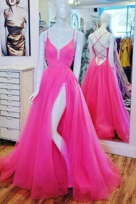 Pink A Line Tulle V-neck Long Prom Dresses