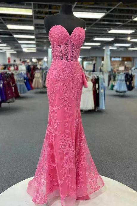 Pink Lace Prom Dresses With Appliques