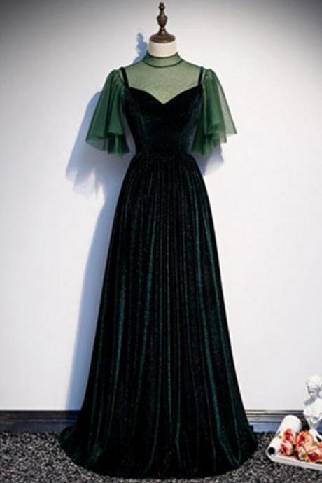Deep Green Tulle Velvet Formal Prom Dress