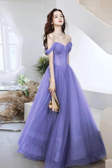 Off Shoulder Purple Sweetheart Tulle Long Prom Dress