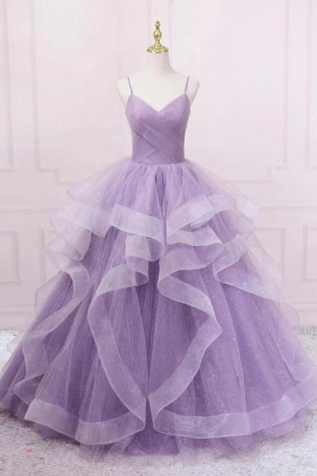 Straps Purple V Neck Tulle Sequin Long Prom Dresses