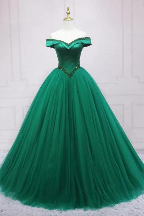 Off Shoulder Green Tulle Beads Long Prom Dresses