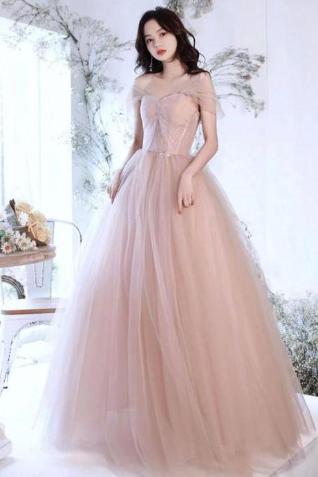 A Line Off Shoulder Pink Long Prom Dresses