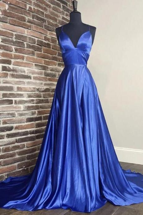 Simple Mermaid V Neck Blue Satin Long Prom Dresses