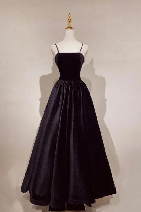 A Line Black Velvet Long Prom Dress With Beading